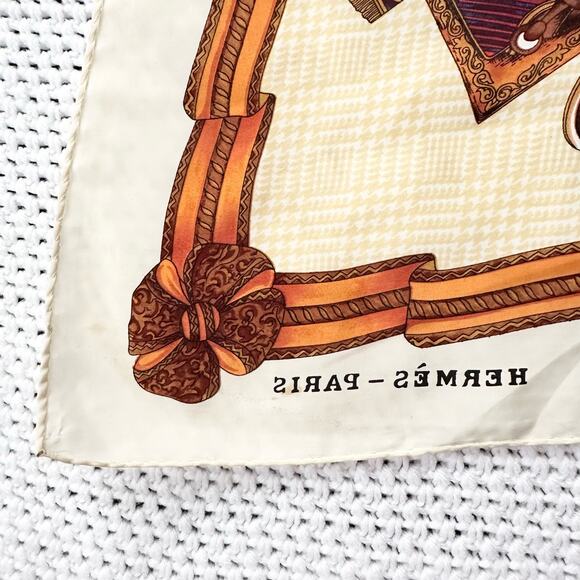 Hermes Vintage Silk Square Ribbon Rope Tassel Royal Crest Houndstooth Scarf - Picture 12 of 14